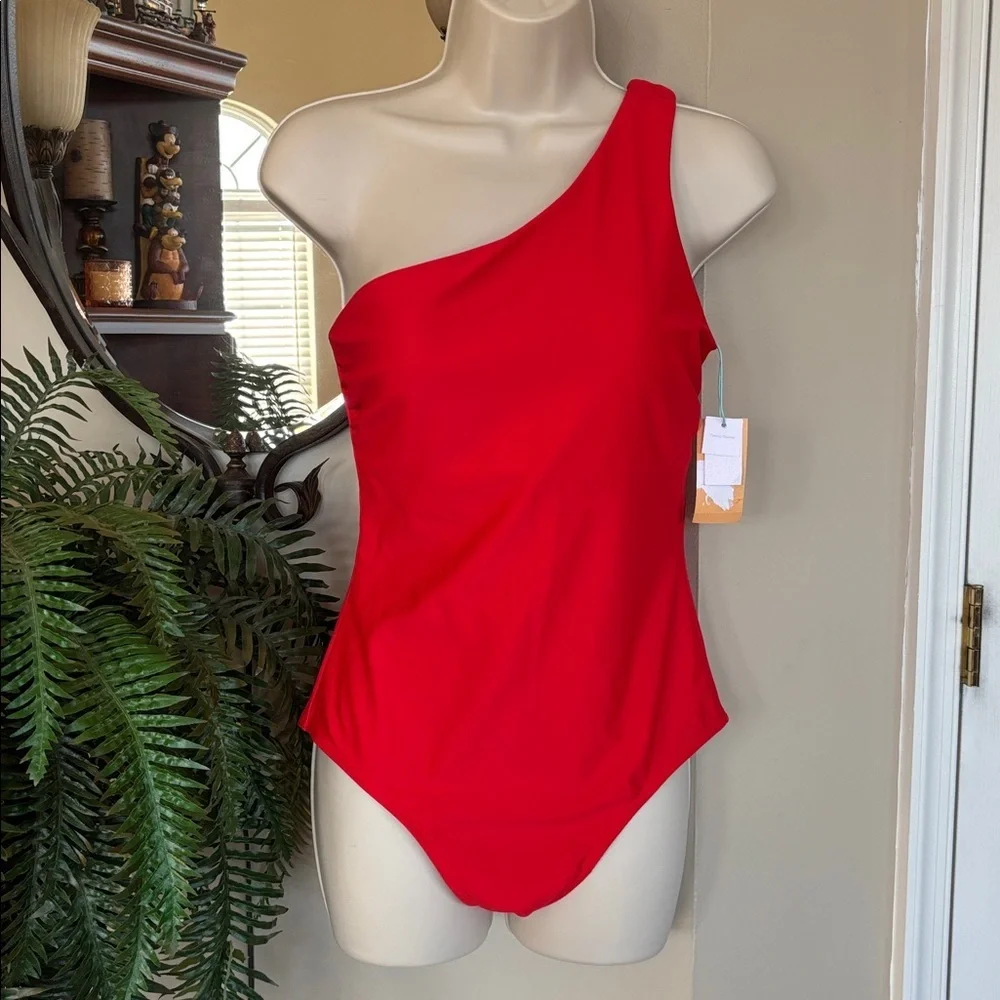Brand New Kona Sol Red One Shoulder One Piece Tummy Control Swimsuit Bodysuit